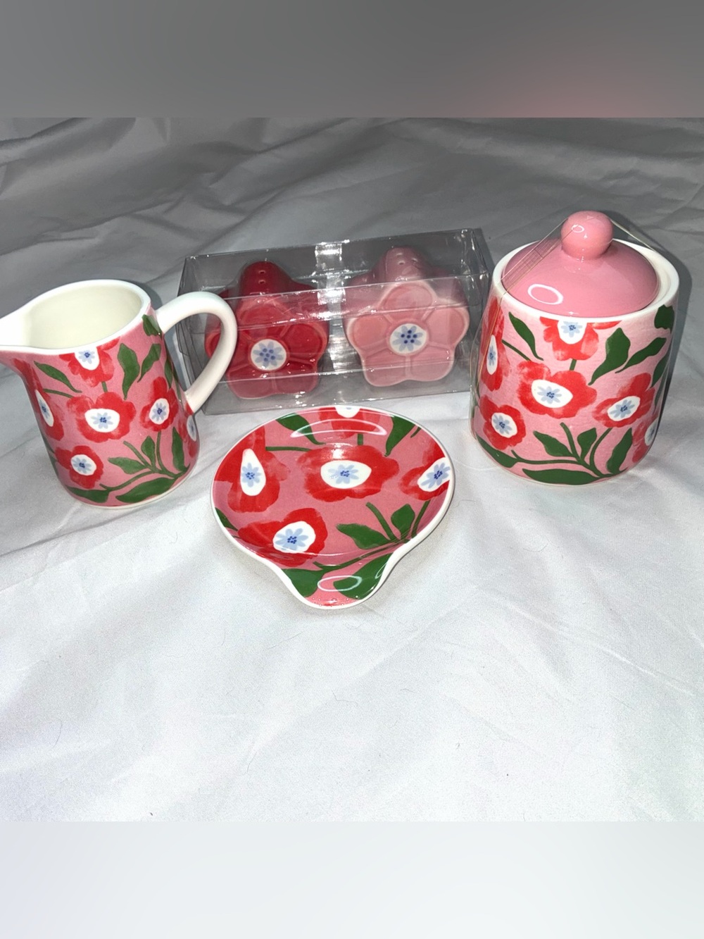 Floral Pink Ceramic Sugar, Creamer and Spoon Rest Set
